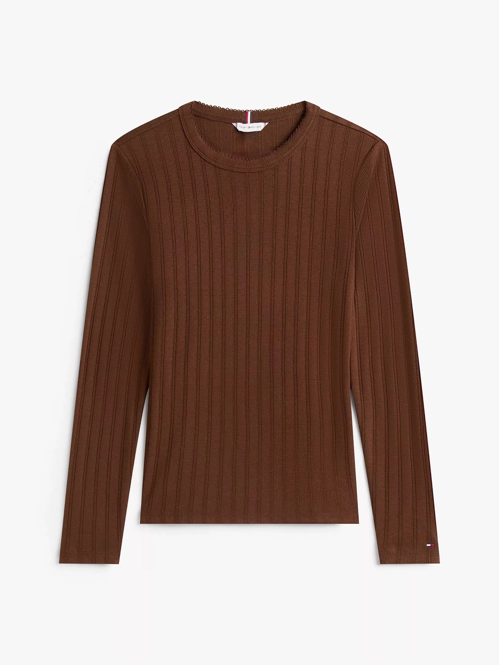 Tommy Hilfiger Pointelle Knit Scalloped Neckline Crewneck Longsleeve Top Brown